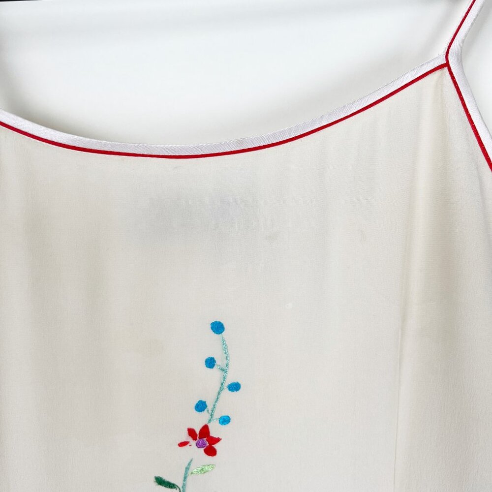 100% Silk Vintage Handmade Embroidered Floral Fringe Tassel Mini Midi Sun Dress - Picture 5 of 7